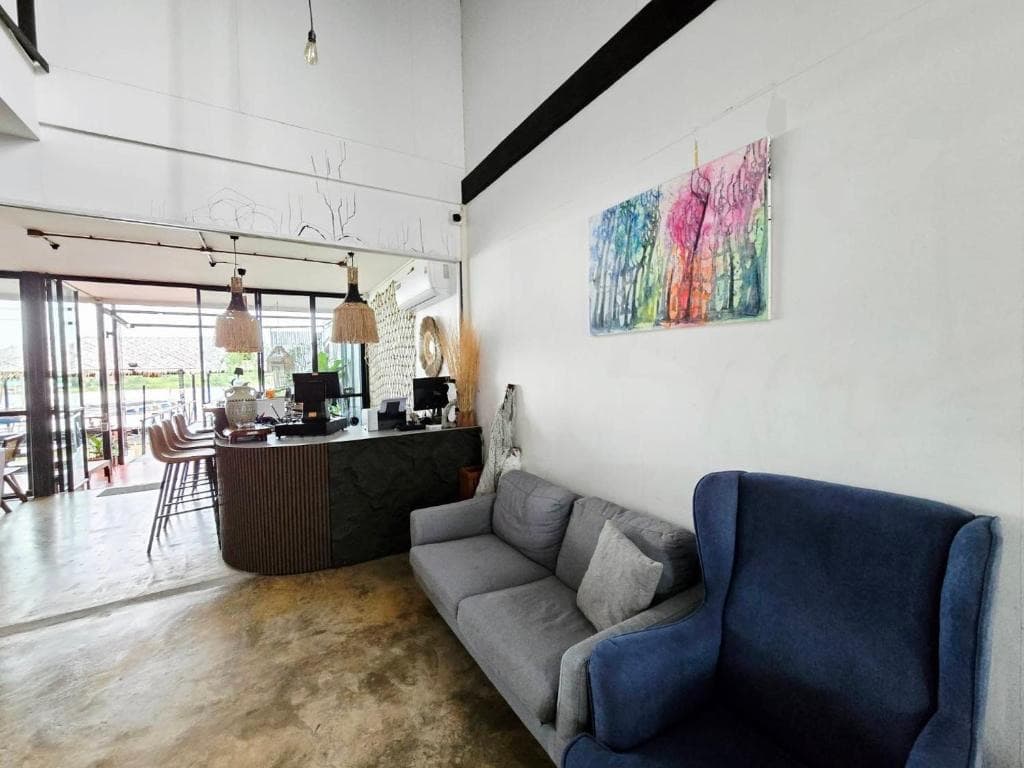 Lobby and bar area with colorful art