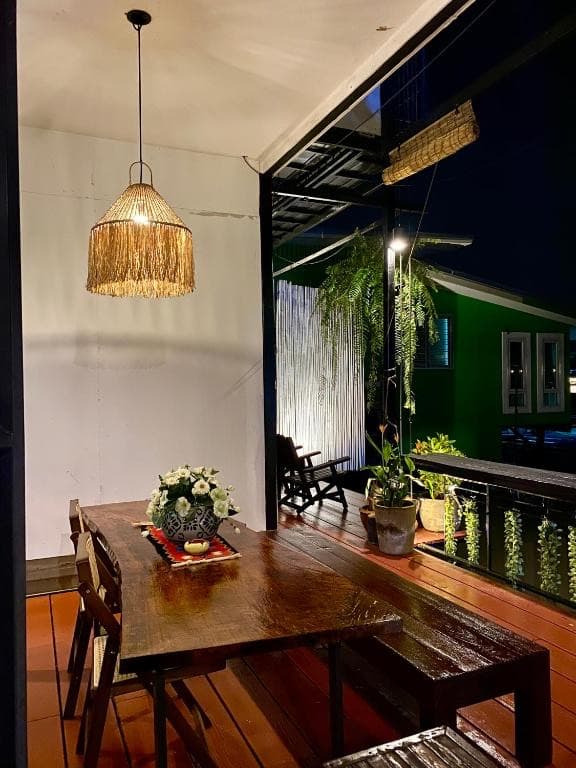 Evening dining on the riverside deck